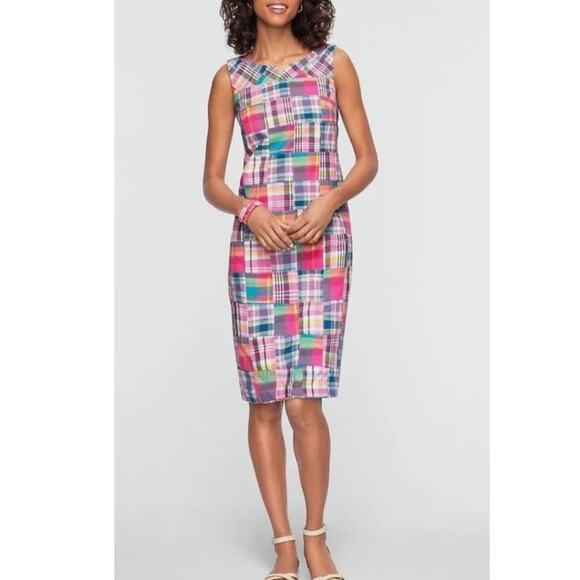 TALBOTS Patchwork Madras Plaid Shift Dress Preppy Classic Coastal Pink Sz 10 - Picture 1 of 7